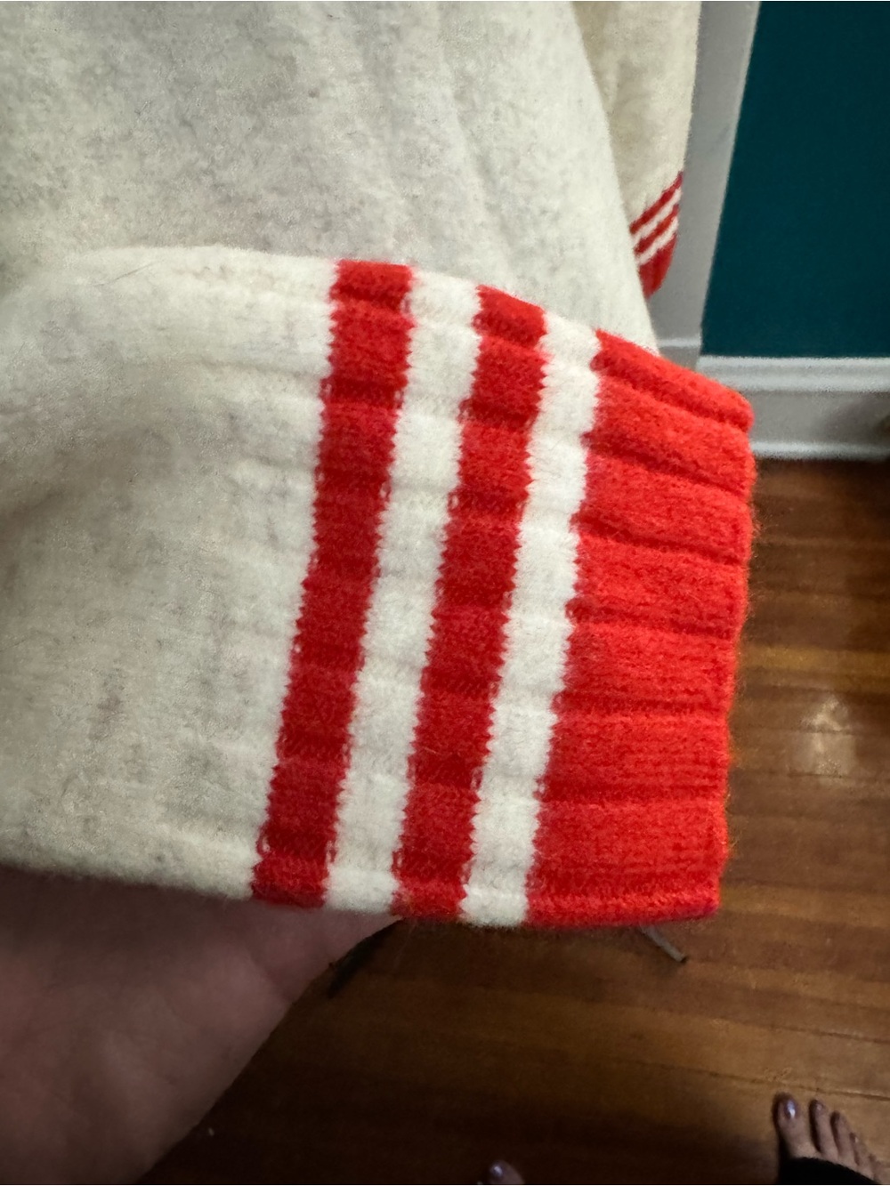 Lulu's Cream V-Neck Sweater Dress with Red Trim - Picture 5 of 8